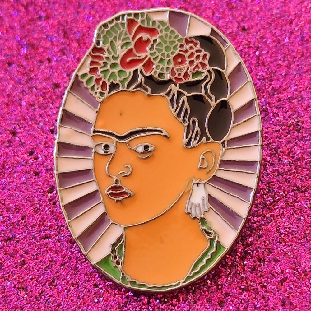 3/$20 Mexican Artist Frida Kahlo Unibrow Sunburst Portrait Enamel Pin
